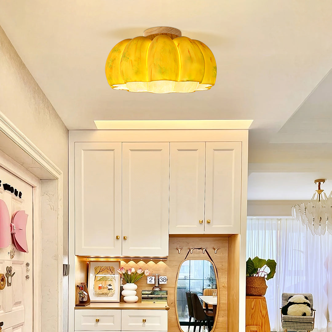 Modern Cream Style Yellow Pumpkin Ceiling Light -Homwarmy