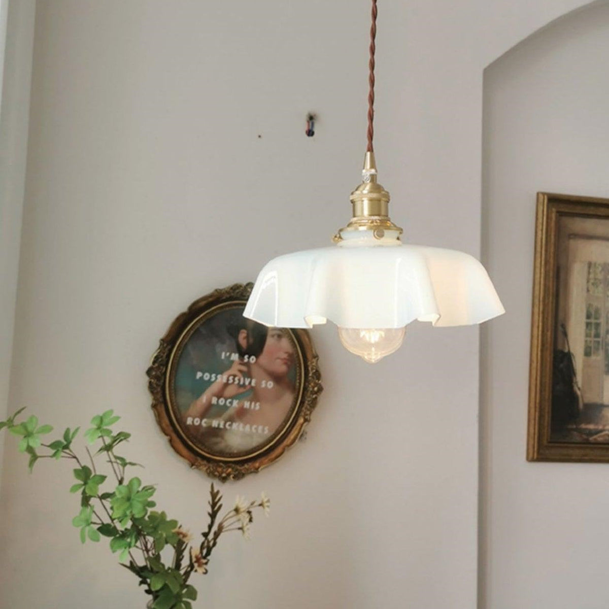 Vintage French Frilly Opaque Glass Pendant Light with ruffled draped shape -Homwarmy